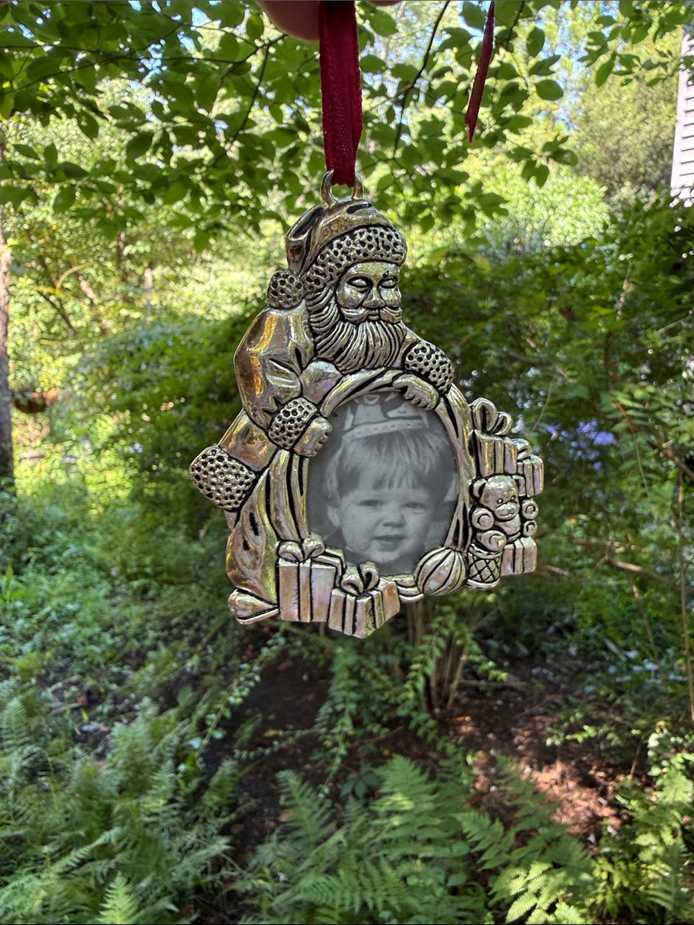 Gorham Silver Santa Photo Frame Ornament with Red Ribbon